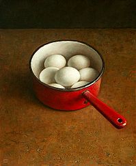 Still life with red pan of eggs, 36x43cm, 2006.