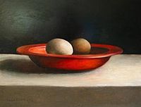 Bowl with eggs, olieverf op paneel, 40x30cm.
