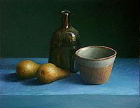 Still life with bottle and two pears, 47x37cm, 2005.