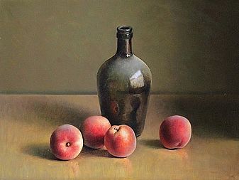 Still life with peaches and bottle, 44x33cm, 2011. 