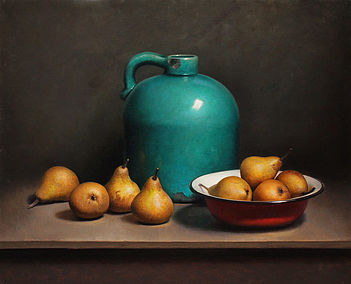 Still life with Pears and Green Bottle, 65x55cm, 2013.