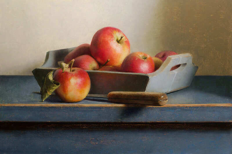 Painting: Apple still-life with knife