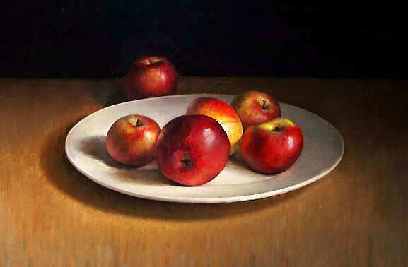 Painting: Apple still life with dark background.