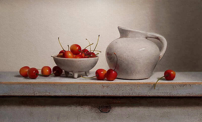 Painting: Still life with cherries and white jug