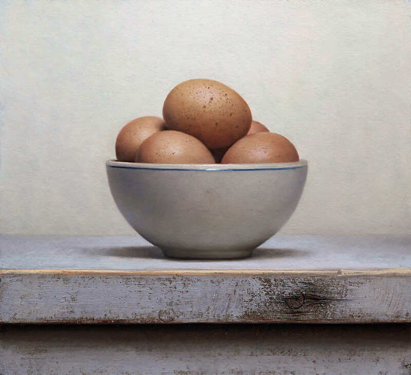 Painting: Still life with eggs in white bowl