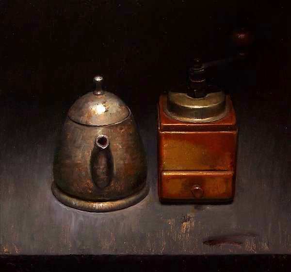 Painting: Still life with coffee grinder