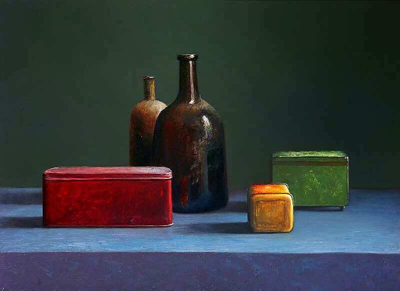 Painting: Still life with bottle and tin cans