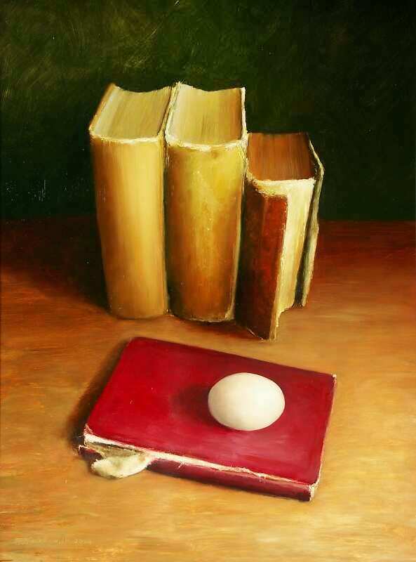 Painting: Still life with books and egg