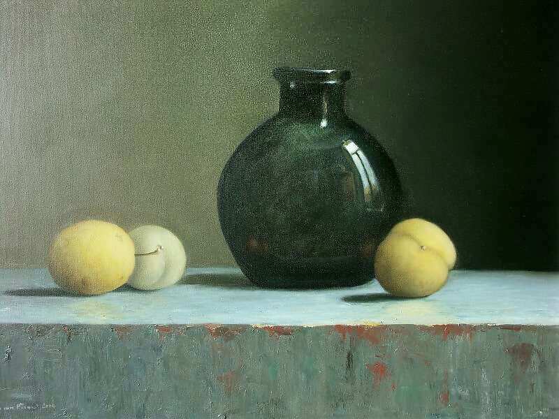 Painting: Still life with bottle and plums