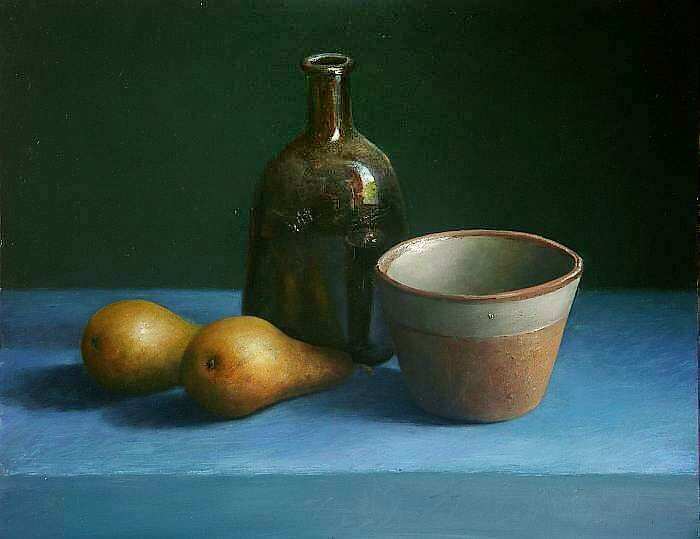 Painting: Still life with bottle and two pears