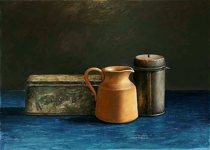 Painting: Blue still life with coin tin