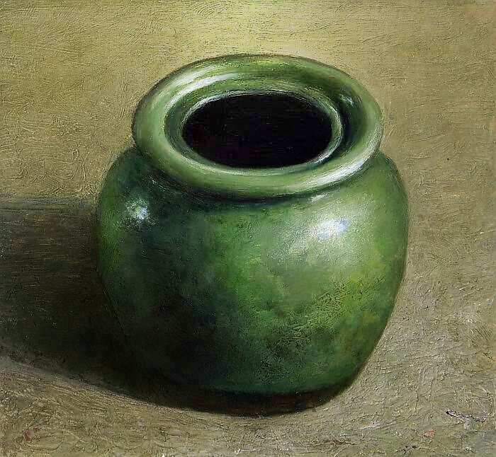Painting: Still life with green apothekers jar