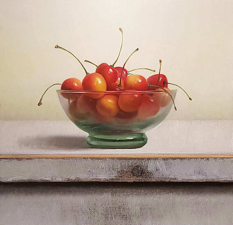 Painting: Still life with yellow cherries